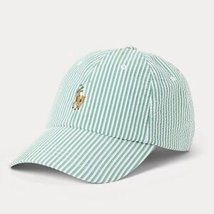 NEW Polo Ralph Lauren Seersucker Sport Cap Men OS Green White Striped Pony Hat